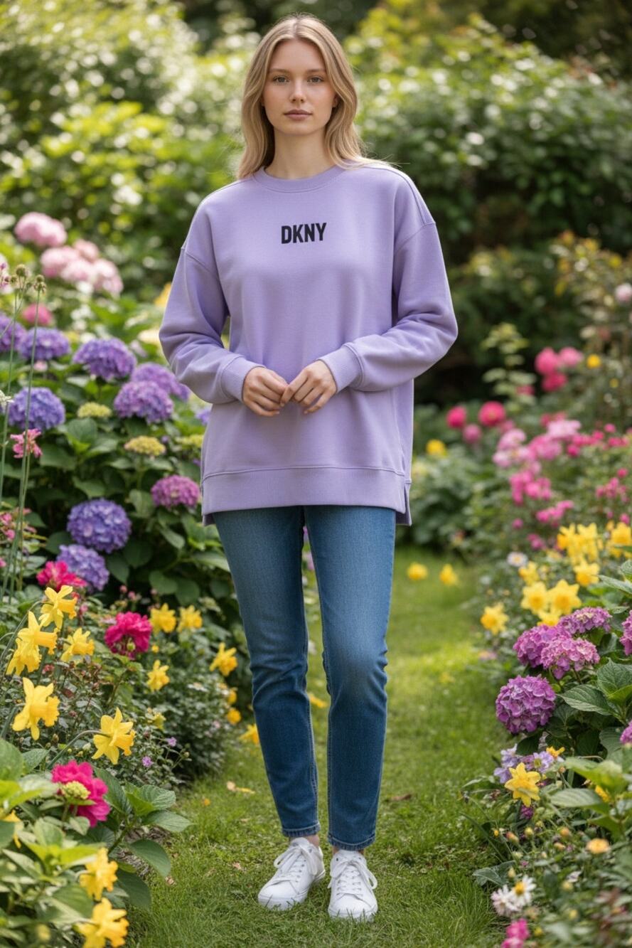 DKNY Sport Women Lavender Oversized Crewneck Sweatshirt Small Pastel Fleece EUC